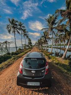 A black Hyundai Eon car is parked on a narrow dirt road flanked by lush green palm trees. A serene water body is on the right side, reflecting the palm trees and clear blue sky, which is dotted with white clouds.