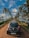 A black Hyundai Eon car is parked on a narrow dirt road flanked by lush green palm trees. A serene water body is on the right side, reflecting the palm trees and clear blue sky, which is dotted with white clouds.