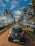 A black Hyundai Eon car is parked on a narrow dirt road flanked by lush green palm trees. A serene water body is on the right side, reflecting the palm trees and clear blue sky, which is dotted with white clouds.