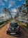 A black Hyundai Eon car is parked on a narrow dirt road flanked by lush green palm trees. A serene water body is on the right side, reflecting the palm trees and clear blue sky, which is dotted with white clouds.