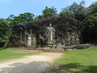 Close-up of the serene Gal Vihara Buddha statues carved into granite rock.