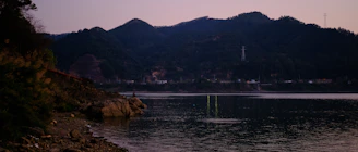 A cinematic still of a lone figure bathed in soft moonlight by a lakeside.