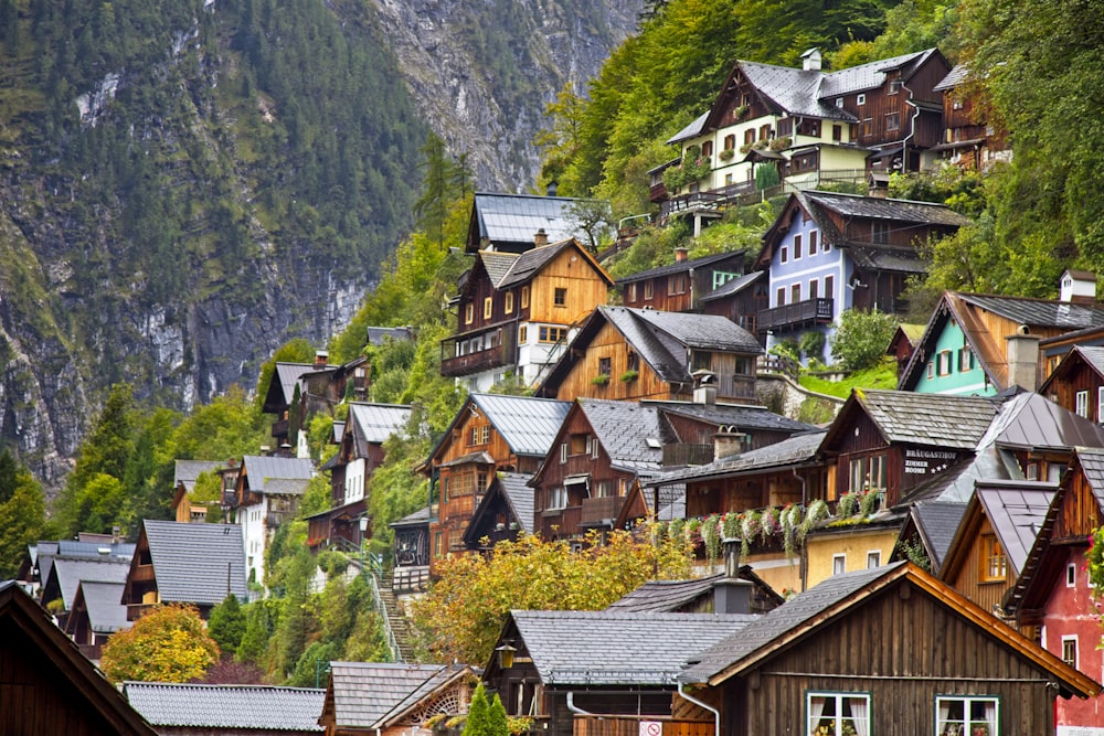 brown and white concrete houses near green trees and mountains during daytime