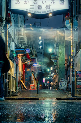 A vibrant painting capturing neon signs flickering in a rainy urban alley.