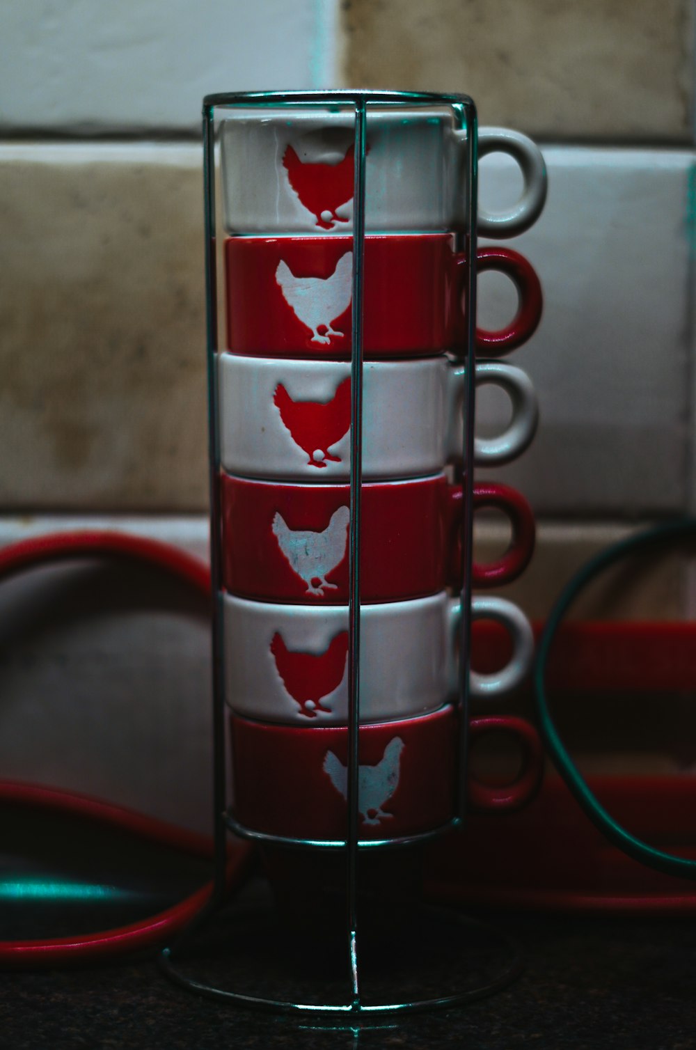red and white glass mug