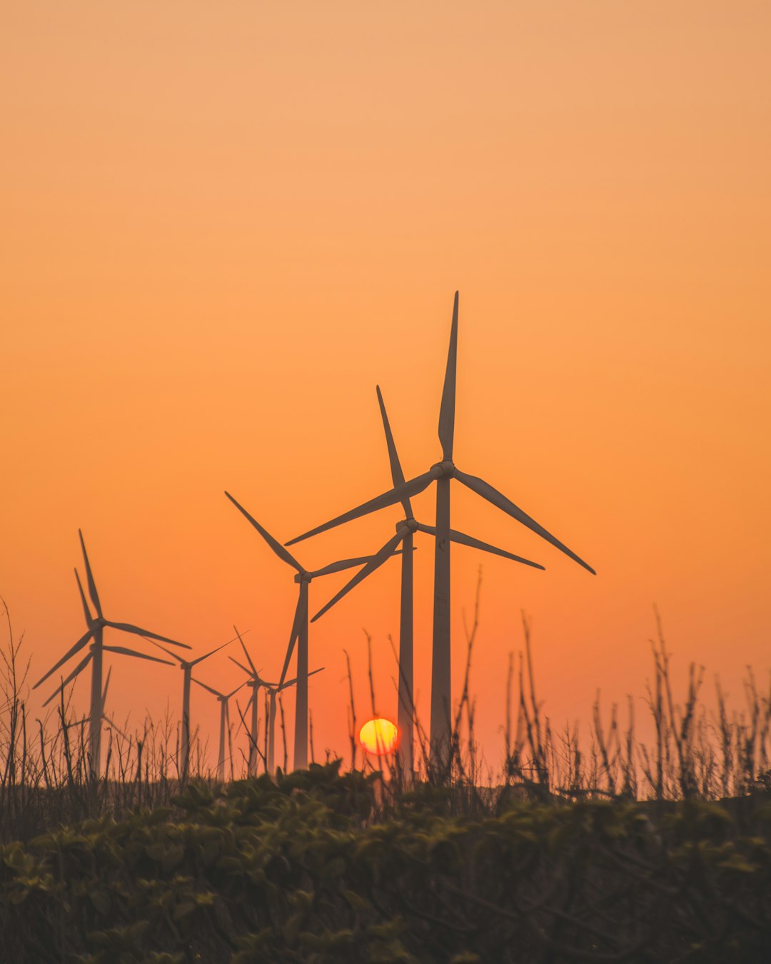 wind turbines on grass field during sunset