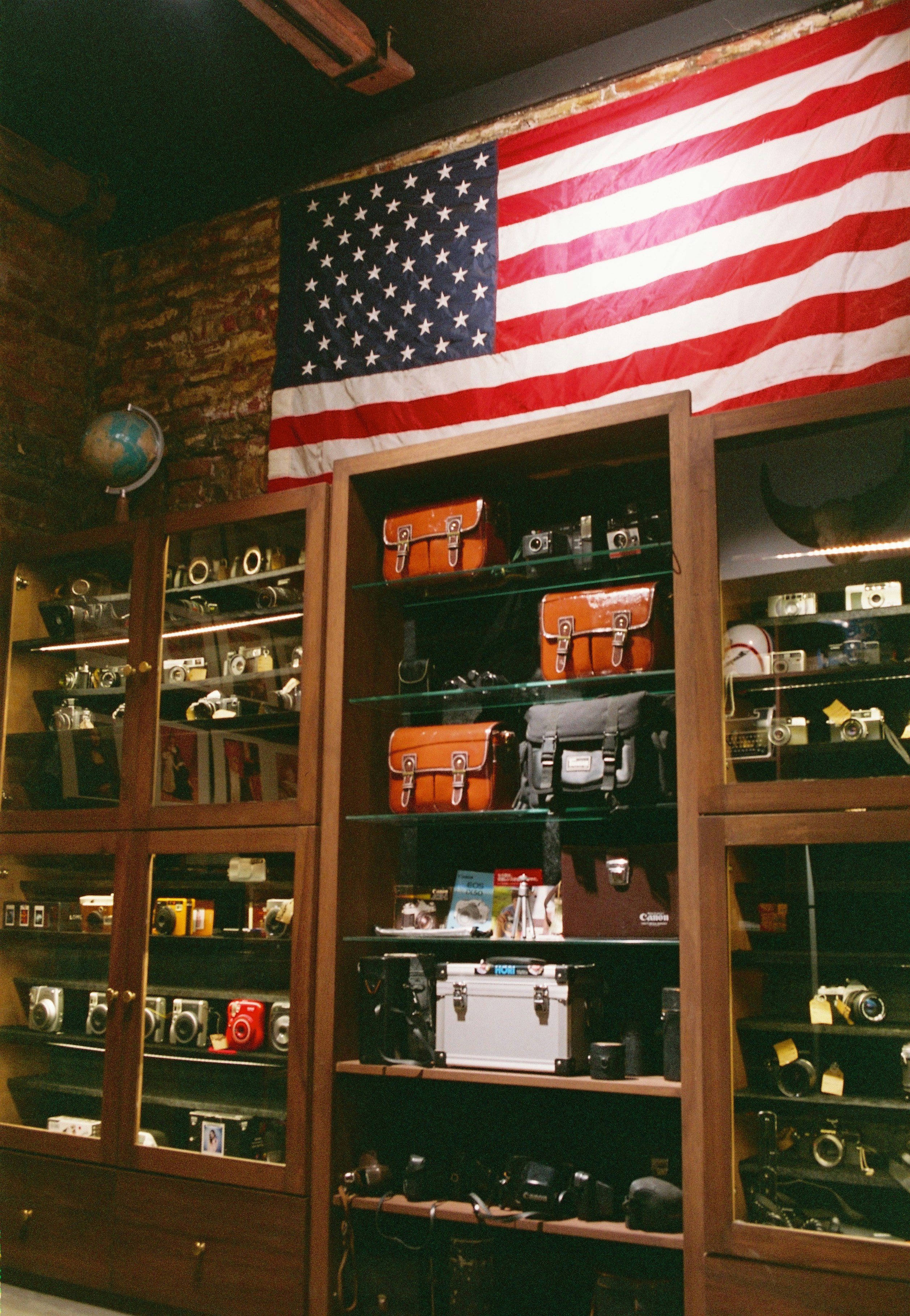 us a flag on brown wooden shelf