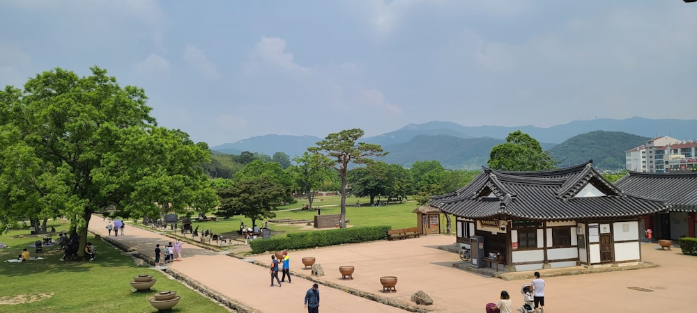 people walking on pathway near green trees during daytime