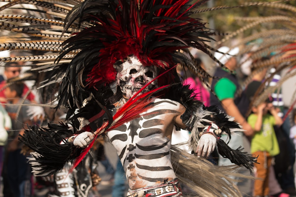 woman in white and black stripe long sleeve shirt with red and black feather headdress