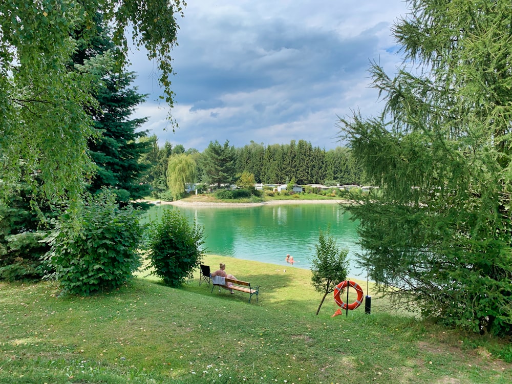 green trees near lake under cloudy sky during daytime