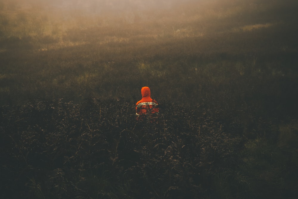 person in orange hoodie sitting on grass field during daytime