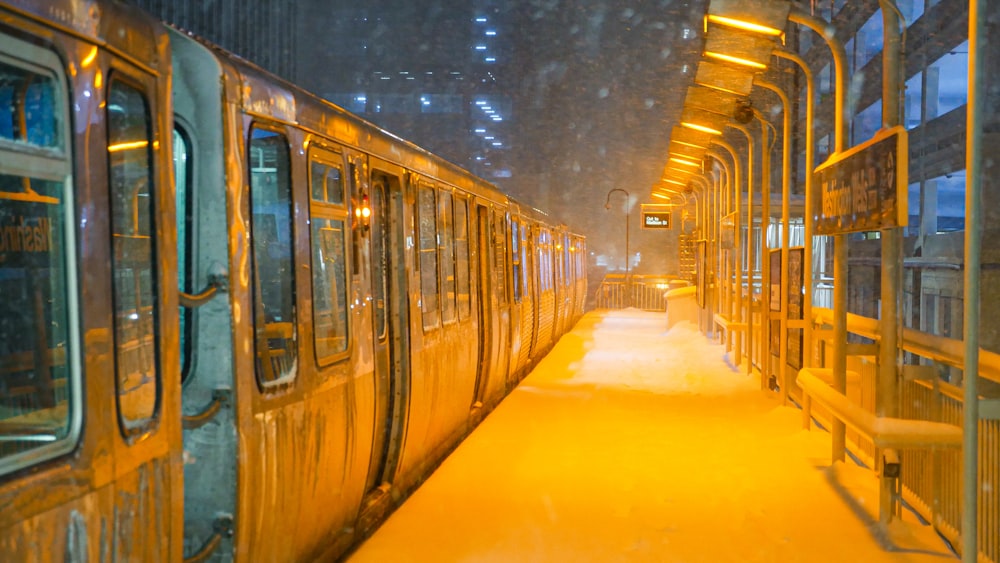 treno marrone in un tunnel