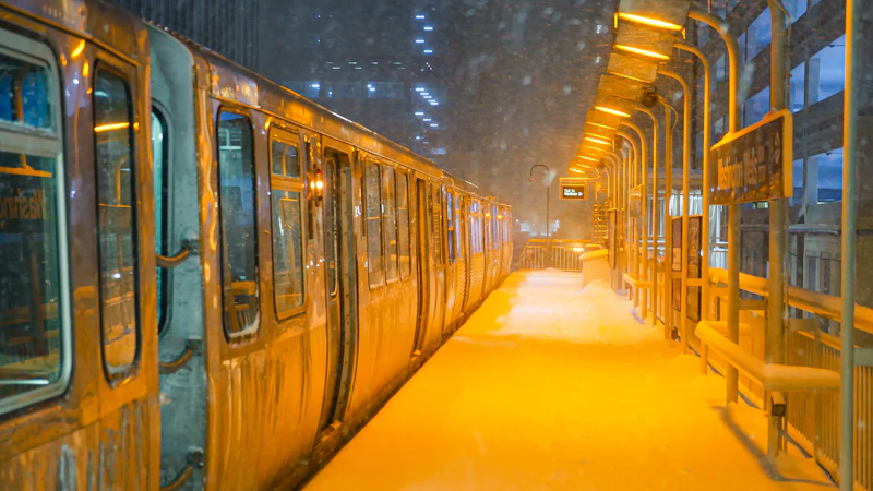 A CTA train at a snowy elevated platform at night