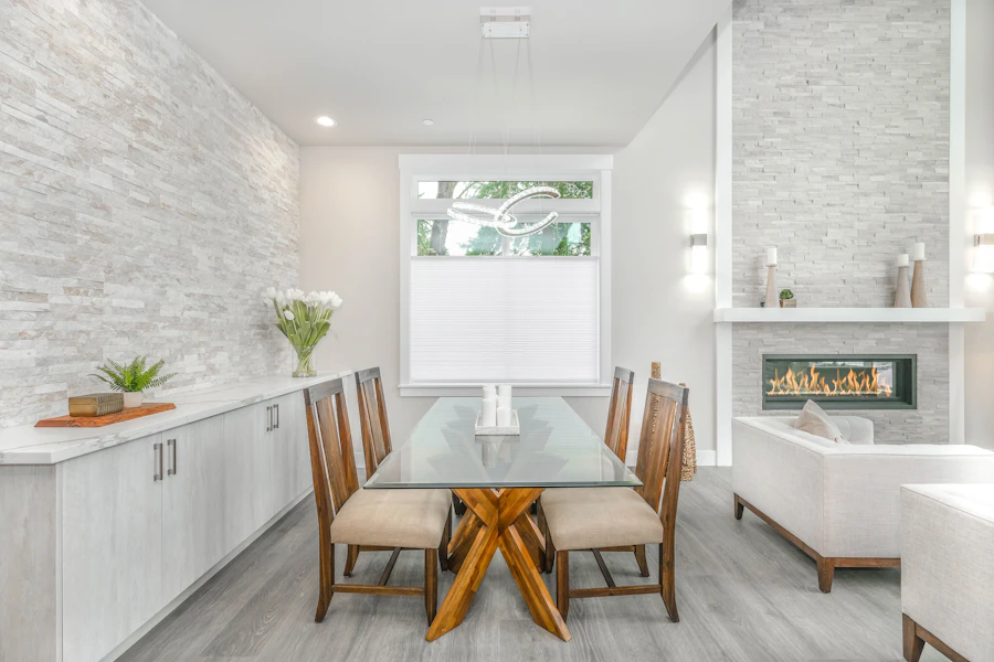 Kitchen and dining finished in walnut and stone