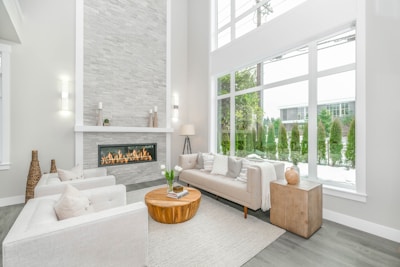 Interior shot of bright living room with fireplace