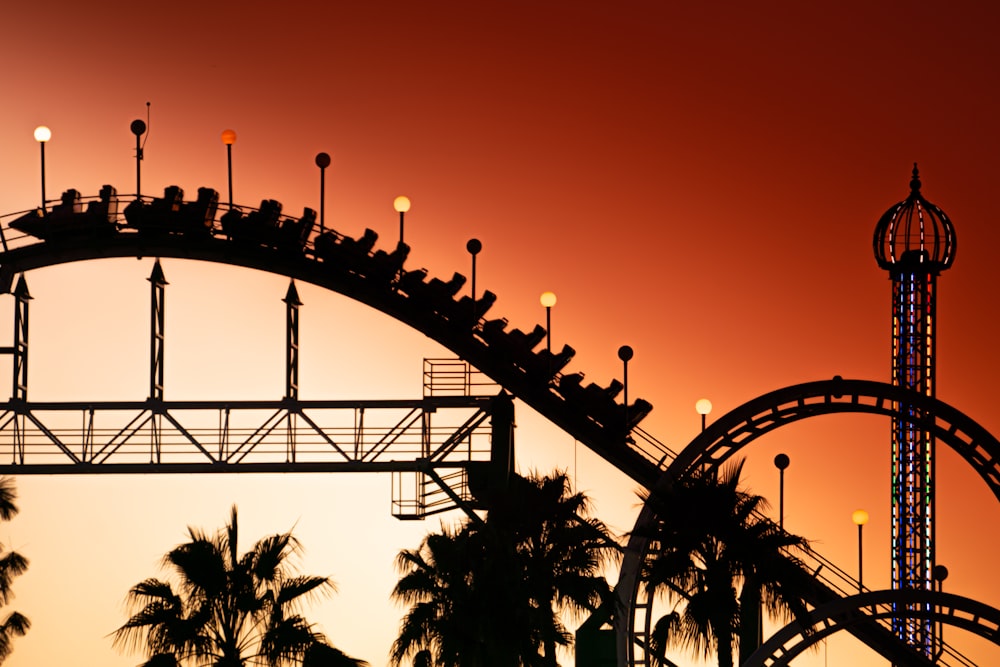 silhouette of trees and metal bridge during sunset