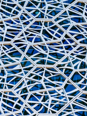 An intricate lattice pattern made of light-colored intersecting lines over a reflective glass surface. The lines create geometric shapes against a deep blue background, giving a sense of depth and complexity.