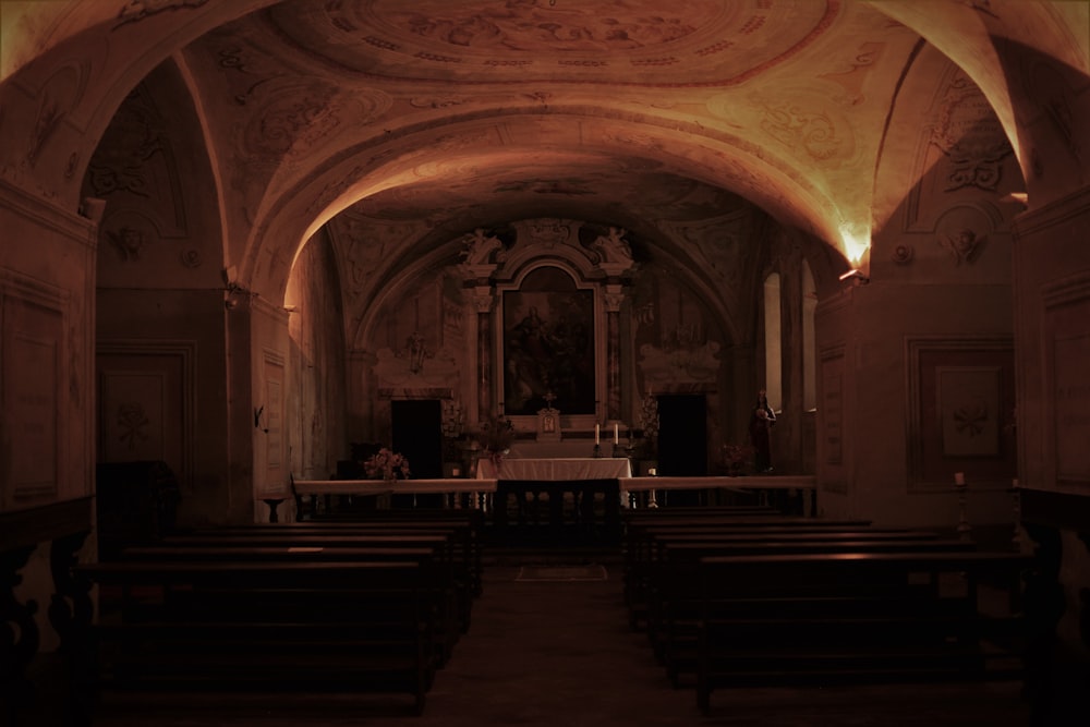 brown wooden bench inside church