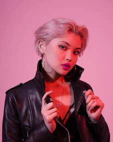 woman in black leather jacket
