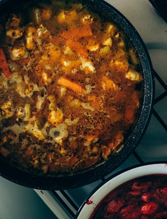 A cozy slow-cooker stew simmering with vegetables and meat.