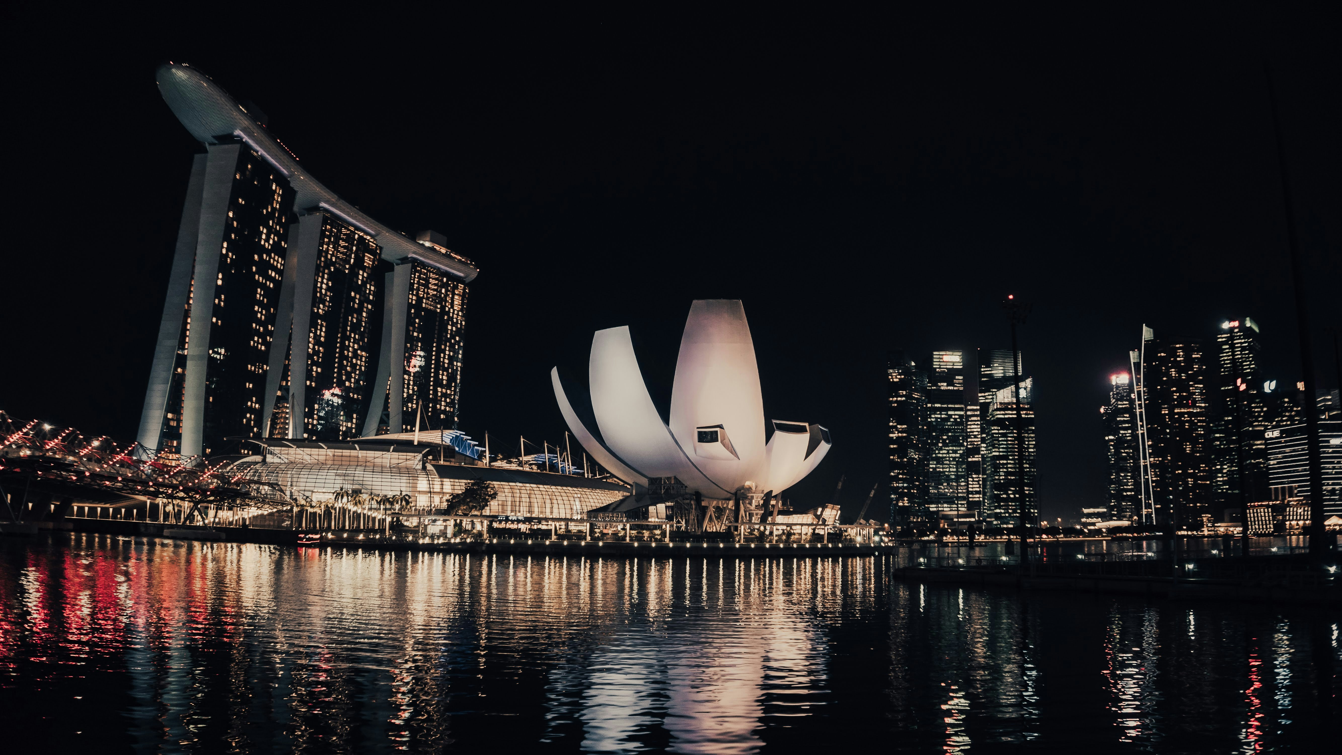 white and black building near body of water during night time