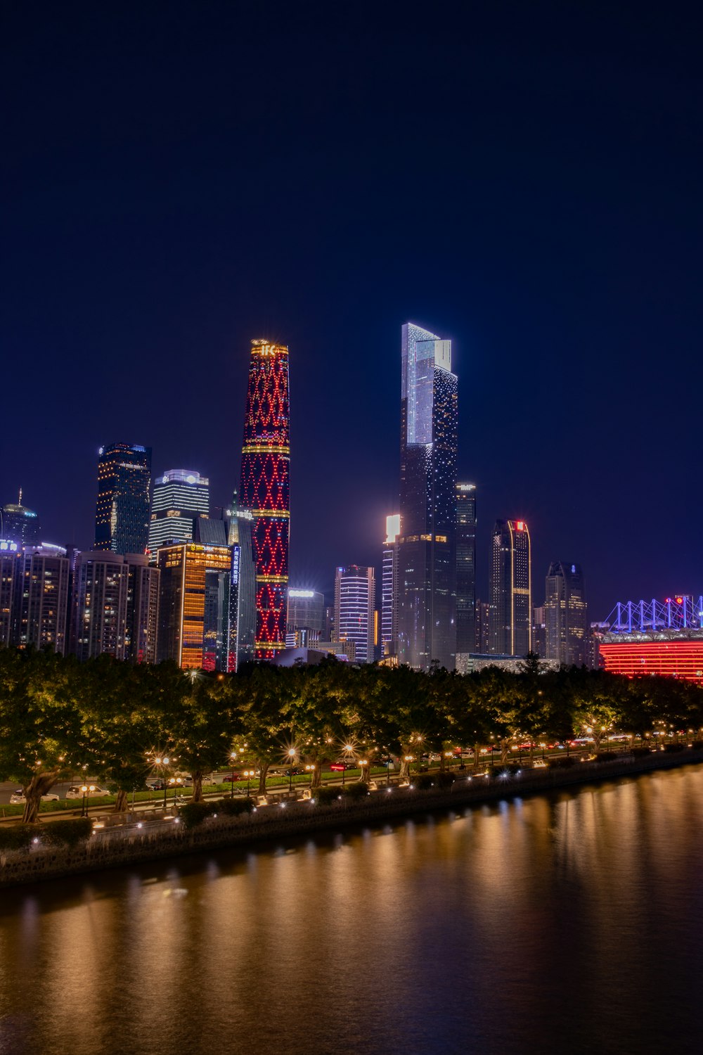 city skyline during night time