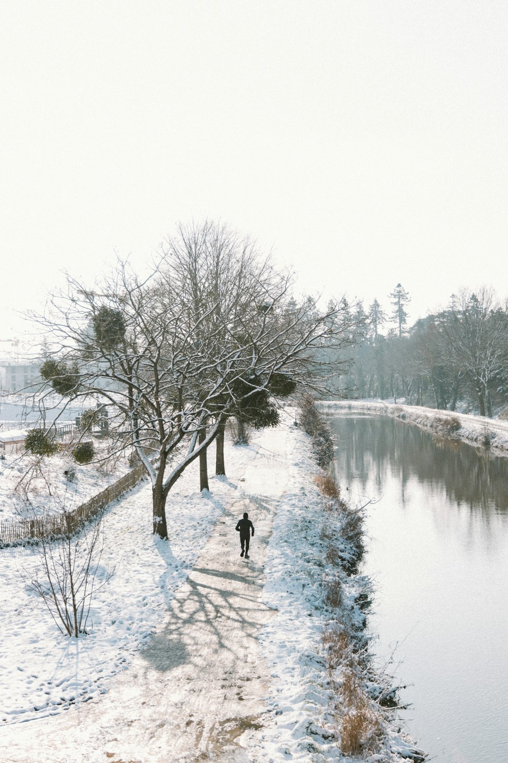 person in black jacket standing on snow covered ground near body of water during daytime