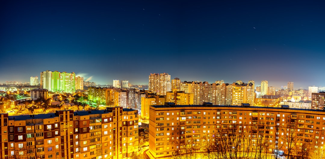 city lights turned on during night time