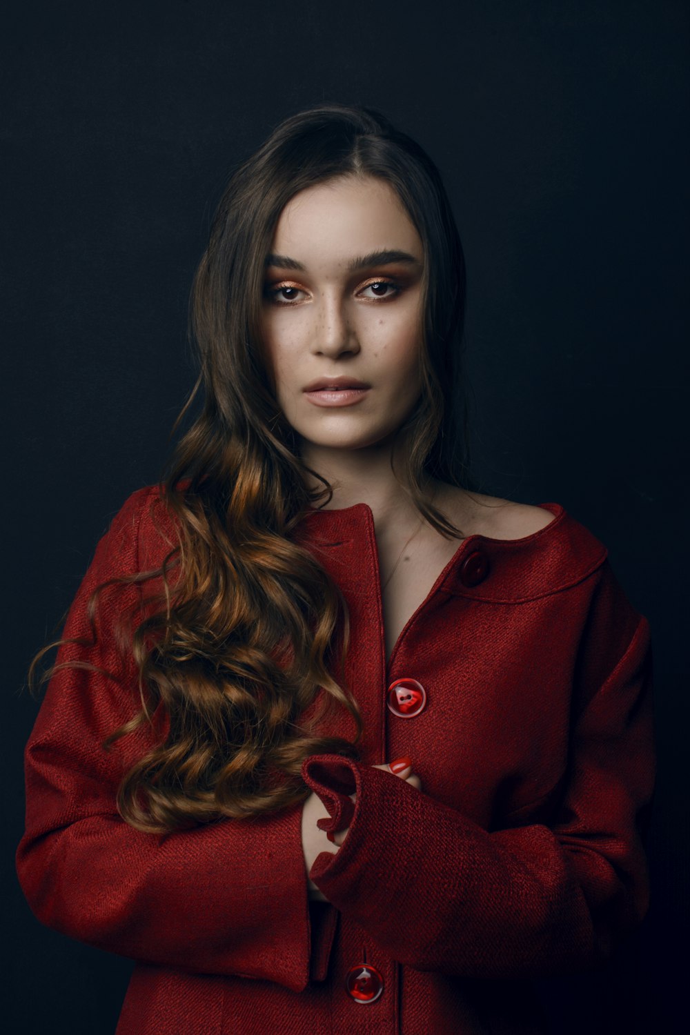 woman in red button up shirt