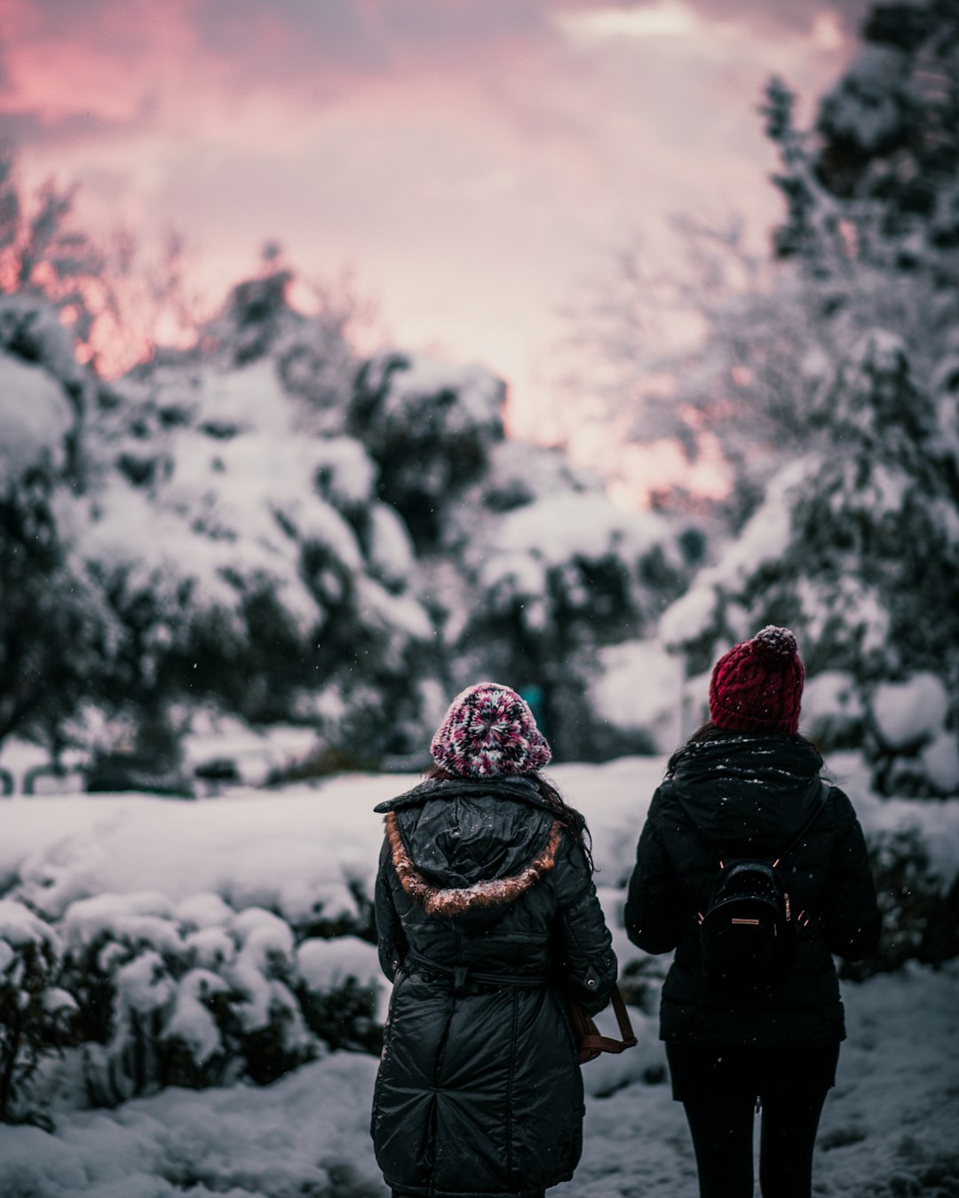 person in black jacket and red and white knit cap standing on snow covered ground during