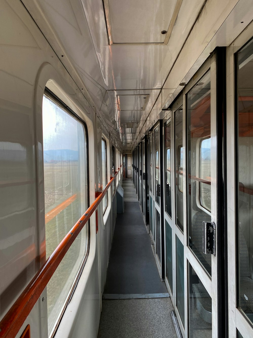 white and red train interior