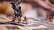 A close-up view of a board game setup featuring small, detailed figurines. In the foreground, there are three color-coded miniature figures on round bases, each representing a different character. Behind them stands a larger, ominous figure resembling a monster or creature, with outstretched claws. The background is softly blurred, focusing attention on the figures.