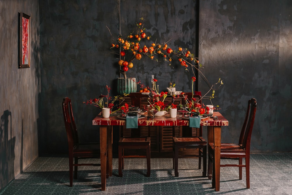 brown wooden table with chairs