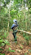 A person wearing a wide-brimmed hat and vest stands in a dense, lush rainforest environment, surrounded by vibrant greenery, vines, and a variety of plants. They appear to be exploring or observing the natural surroundings.