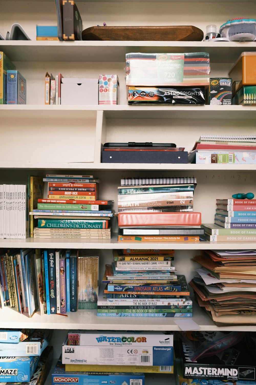 books on white wooden shelf