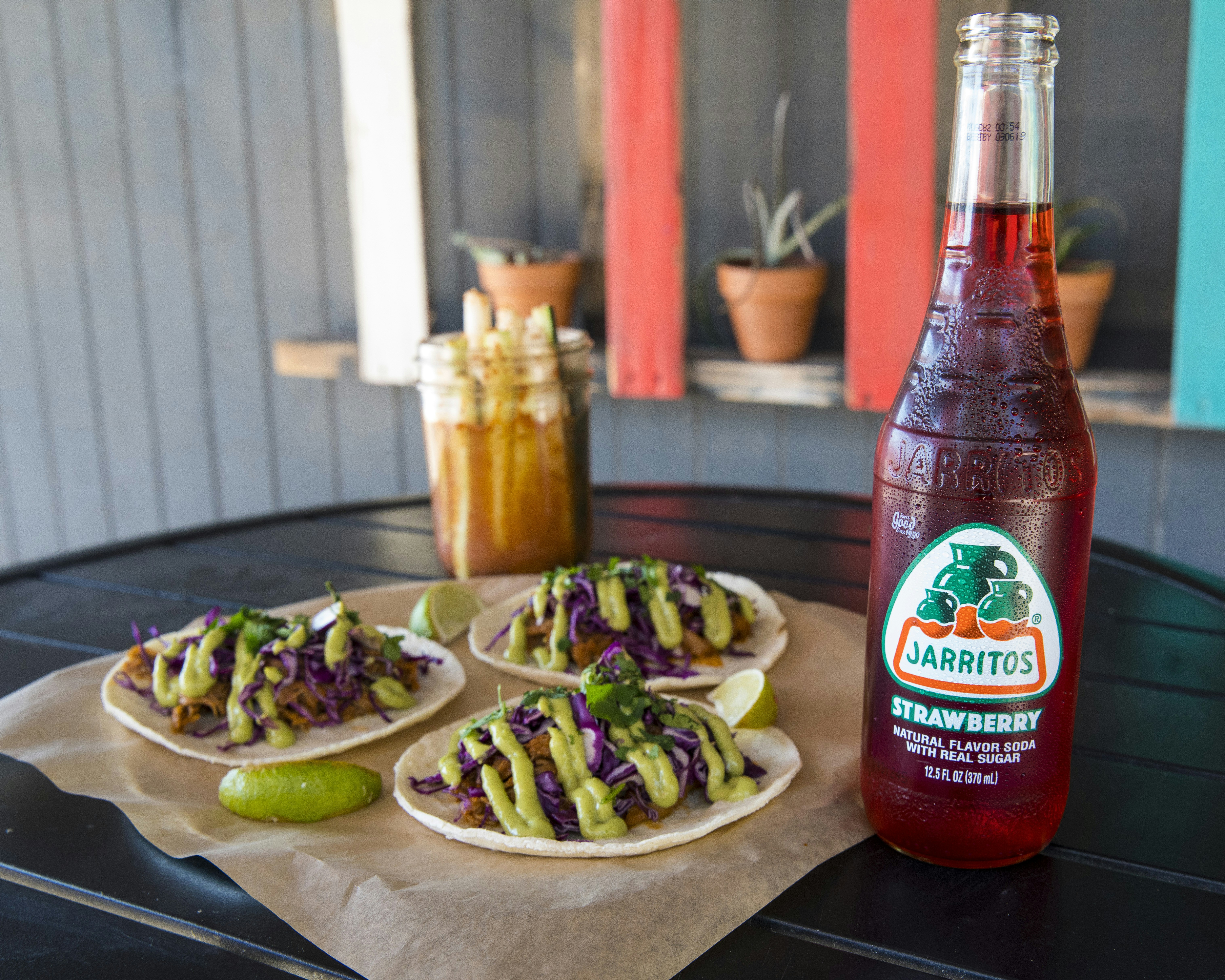 Pork Tacos and Jarritos Strawberry
