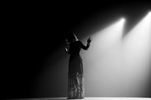 A stunning queen in a shimmering gown illuminated by soft spotlight on stage.