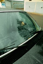 A close-up view of a car windshield covered in raindrops. The windshield wipers are visible, and there is an object hanging inside the car. A person can be seen inside the vehicle through the windshield. The background shows part of a street and some buildings.