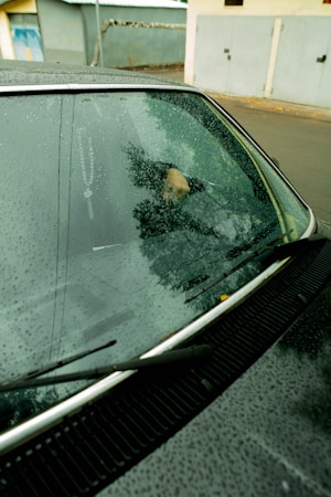 A close-up view of a car windshield covered in raindrops. The windshield wipers are visible, and there is an object hanging inside the car. A person can be seen inside the vehicle through the windshield. The background shows part of a street and some buildings.