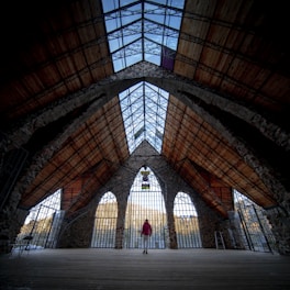 A large, open architectural interior with high, vaulted stone arches and a wooden ceiling. The structure features expansive glass windows, allowing in natural light. A person wearing a red jacket stands in the center, adding a sense of scale. The design conveys a blend of rustic and modern elements.
