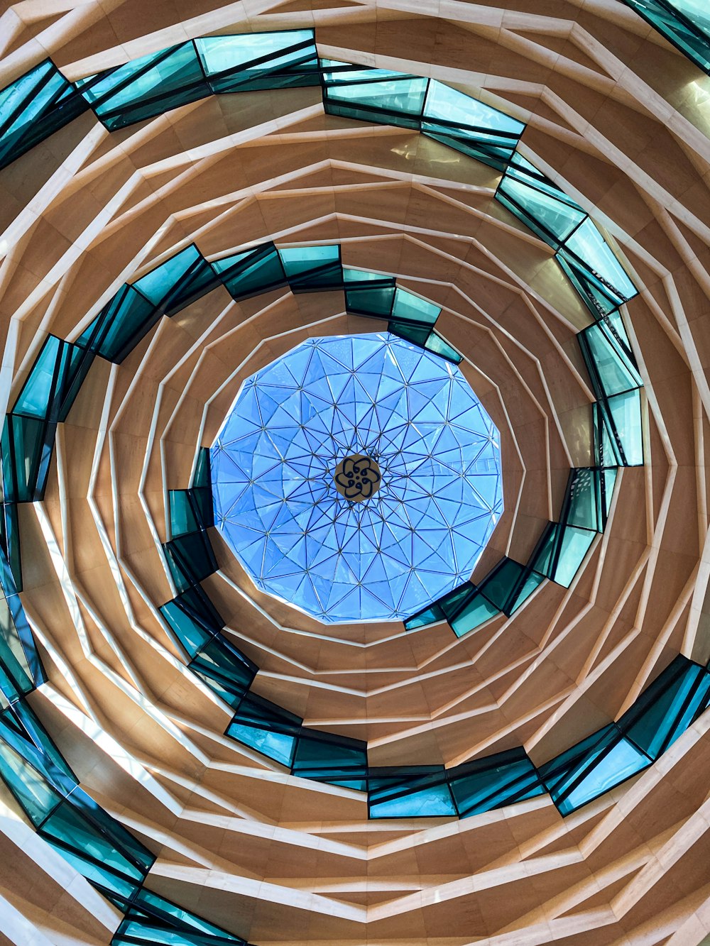 blue and brown spiral staircase