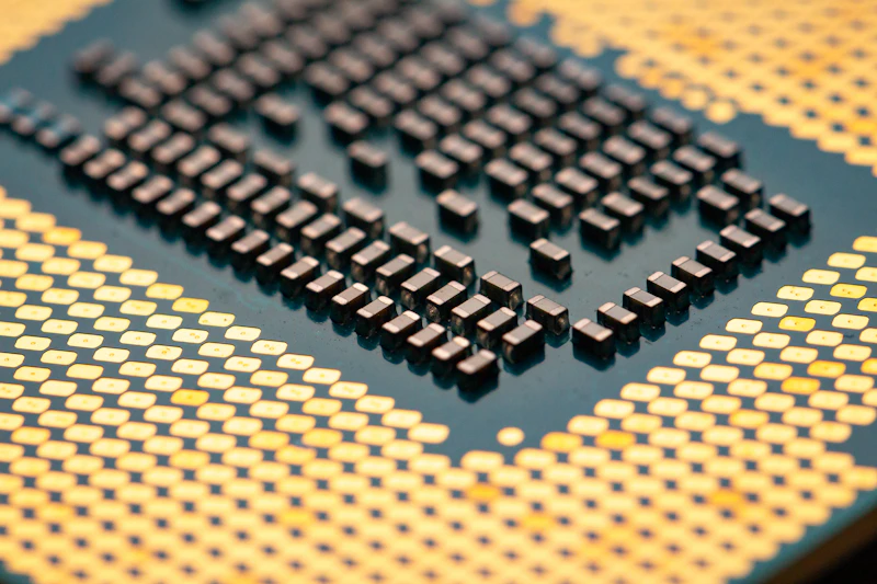 Close-up of gold pins on the underside of a processor