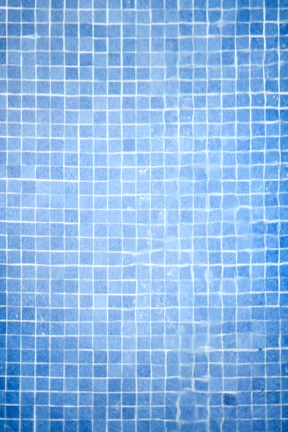 Sunlit bathroom floor showcasing small mosaic tiles in calming blue and white tones.