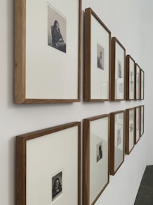 brown wooden framed pictures in 2 straight rows