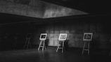 A dimly lit art gallery with a series of framed photographs displayed on easels against a concrete wall. The atmosphere is quiet and minimalistic, with the monochromatic setting accentuating the artworks.