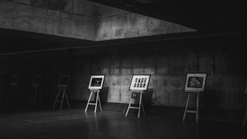 A dimly lit art gallery with a series of framed photographs displayed on easels against a concrete wall. The atmosphere is quiet and minimalistic, with the monochromatic setting accentuating the artworks.