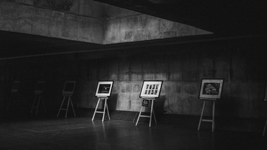 A dimly lit art gallery with a series of framed photographs displayed on easels against a concrete wall. The atmosphere is quiet and minimalistic, with the monochromatic setting accentuating the artworks.