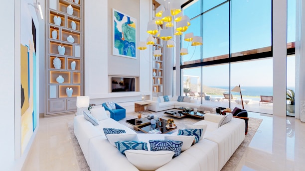 blue and white sectional couch