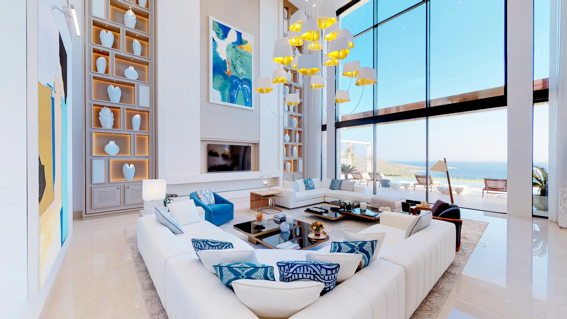 blue and white sectional couch