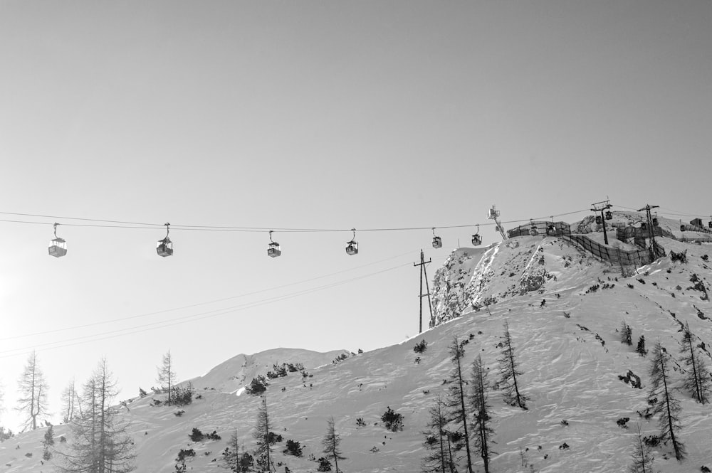 cable cars over snow covered mountain